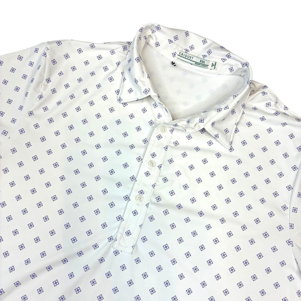 Criquet Polo Shirt Mens XXL‎ White Purple Floral Performance Golf Stretch Top